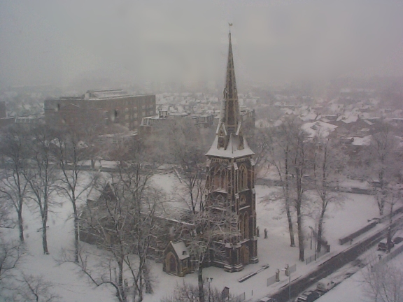 snow on turham green church